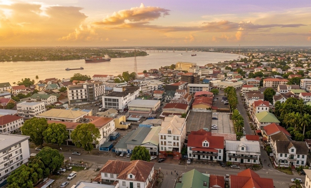 Aerial view of Hotel Palacio in historic Paramaribo