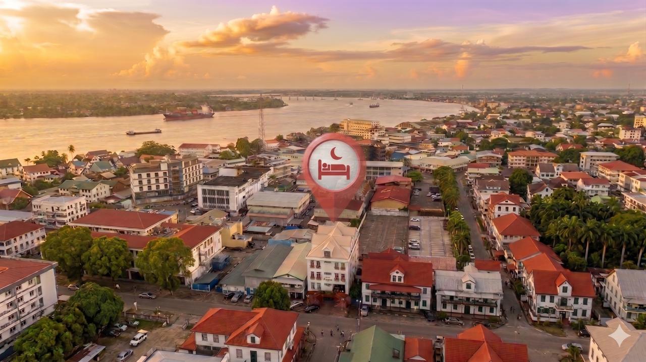 Aerial view of Hotel Palacio in historic Paramaribo