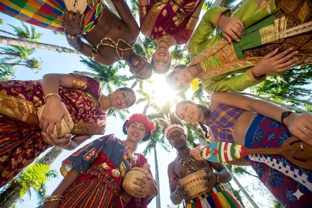 People in traditional Surinamese dress under palms